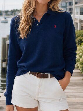 Polo Ralph Lauren Lambs Wool Sweater XL Navy Collared Henley Old Money Academia
